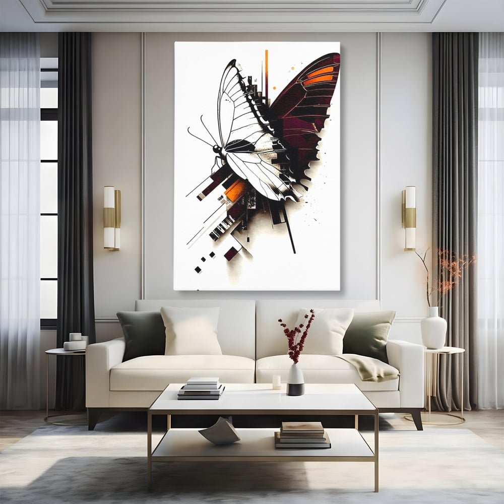 Tablou canvas cu ilustratie digitala cu fluture si linii geometrice, fara rama, pe sasiu de lemn, pe perete intr-un living